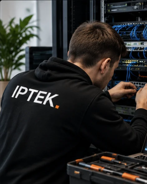 Technicien IPTEK intervenant sur une baie réseau