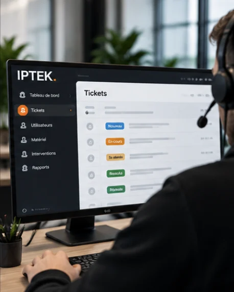 Technicien au casque devant l’écran de suivi des tickets IPTEK